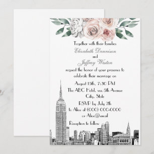 NYC Skyline ESB Etch Lt Pink Grey  Floral Wedding Invitation
