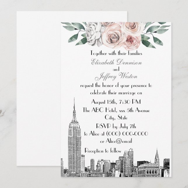 NYC Skyline ESB Etch Lt Pink Grey  Floral Wedding Invitation (Front/Back)