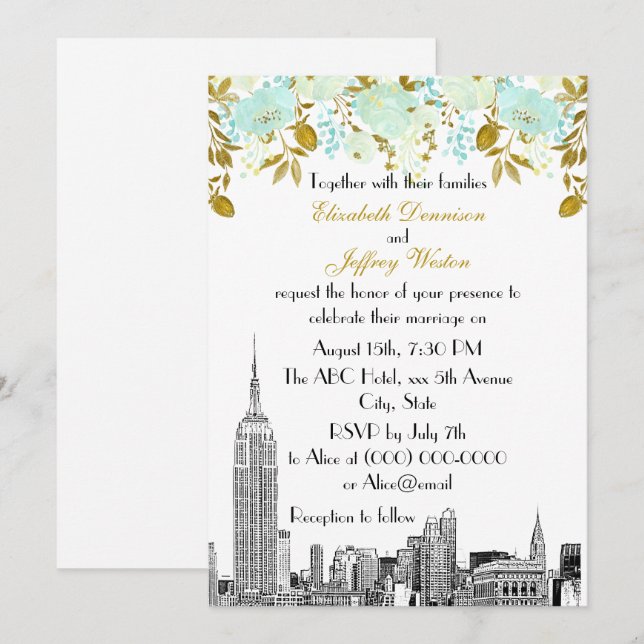 NYC Skyline ESB Etch Mint Gold Floral Wedding Invitation (Front/Back)