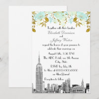 NYC Skyline ESB Etch Mint Gold Floral Wedding