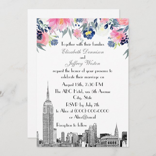 NYC Skyline ESB Etch Pink Blue Floral Wedding Invitation (Front/Back)