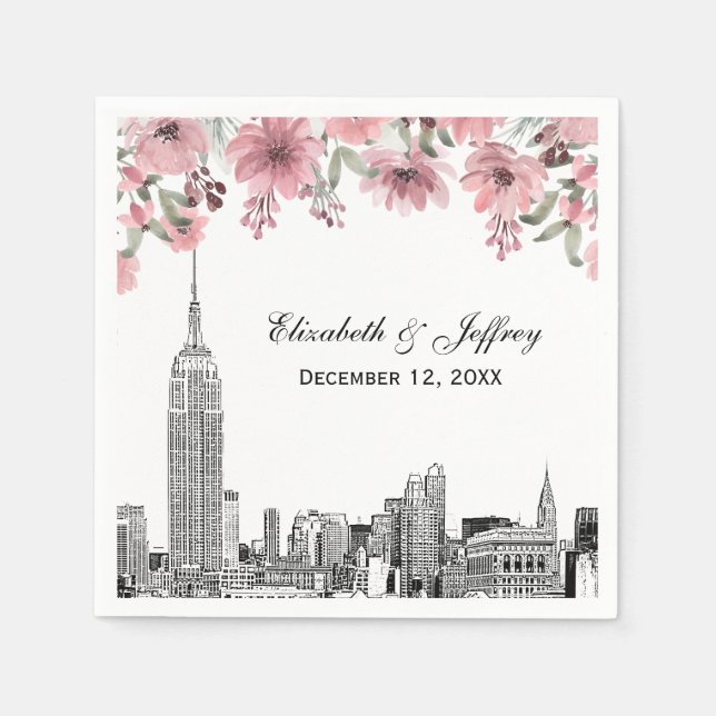 NYC Skyline ESB Etch Pink Floral Watercolor  Napkin (Front)