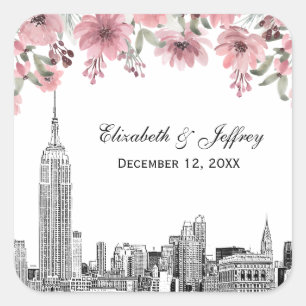 NYC Skyline ESB Etch Pink Floral Watercolor  Square Sticker
