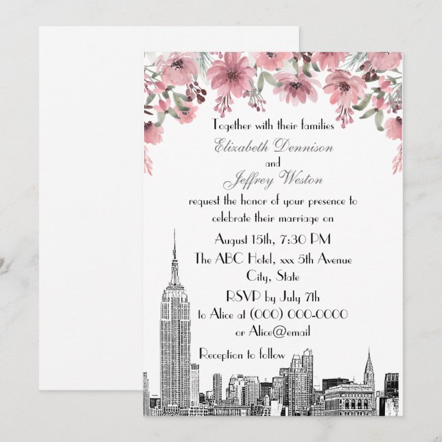 NYC Skyline ESB Etch Pink Floral Wedding Invitation (Front/Back)