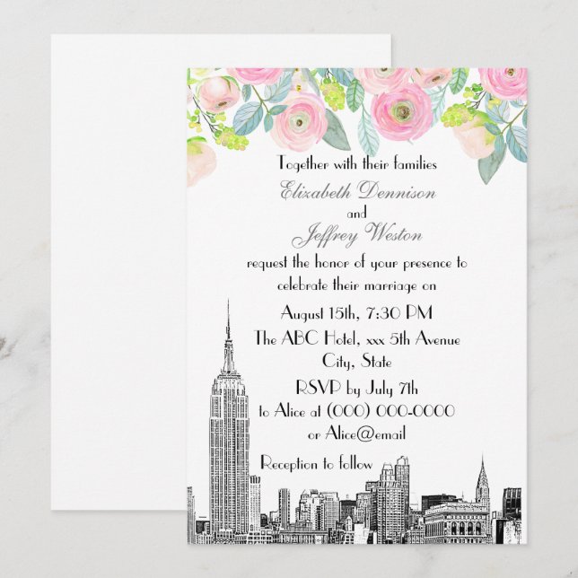 NYC Skyline ESB Etch Pink Ranunculus Flowr Wedding Invitation (Front/Back)