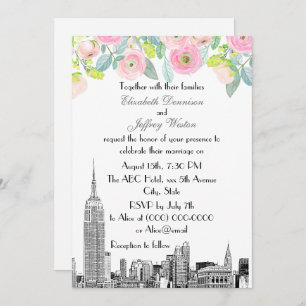 NYC Skyline ESB Etch Pink Ranunculus Flowr Wedding Invitation