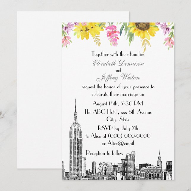 NYC Skyline ESB Etch Sunflower Pink Flower Wedding Invitation (Front/Back)