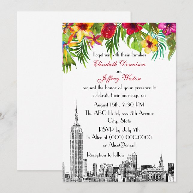 NYC Skyline ESB Etch Tropical Floral Wedding Invitation (Front/Back)