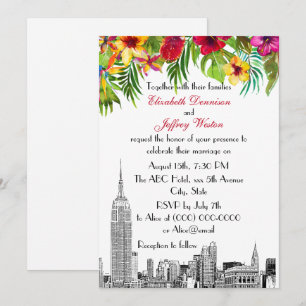 NYC Skyline ESB Etch Tropical Floral Wedding Invitation