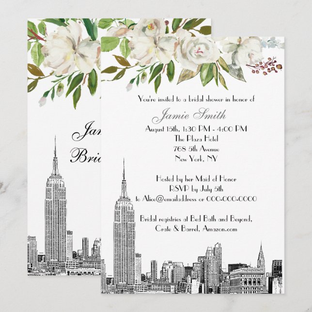 NYC Skyline ESB Etch White Floral Bridal Shower Invitation (Front/Back)