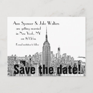 NYC Skyline ESB Top of the Rock Etch Save the Date Announcement Postcard