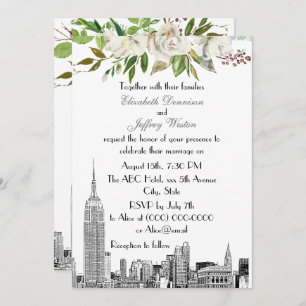NYC Skyline ESB White Floral Watercolor Wedding Invitation