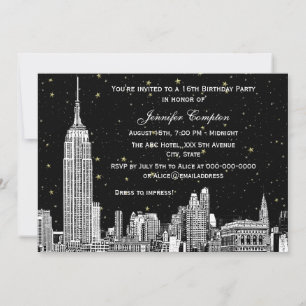 NYC Skyline Etch Starry DIY BG Colour SQ Sweet 16  Invitation