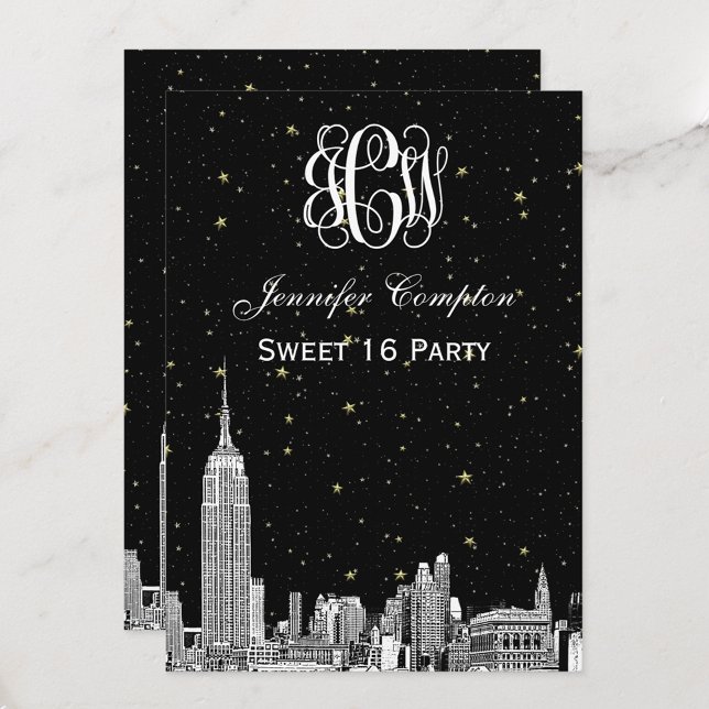 NYC Skyline Etchd Starry Vine Font DIY BG Sweet 16 Invitation (Creator Uploaded)