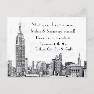 NYC Skyline Etched 01 Engagement Party Invitation Postcard
