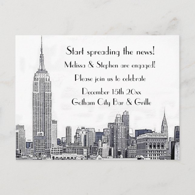 NYC Skyline Etched 01 Engagement Party Invitation Postcard (Front)
