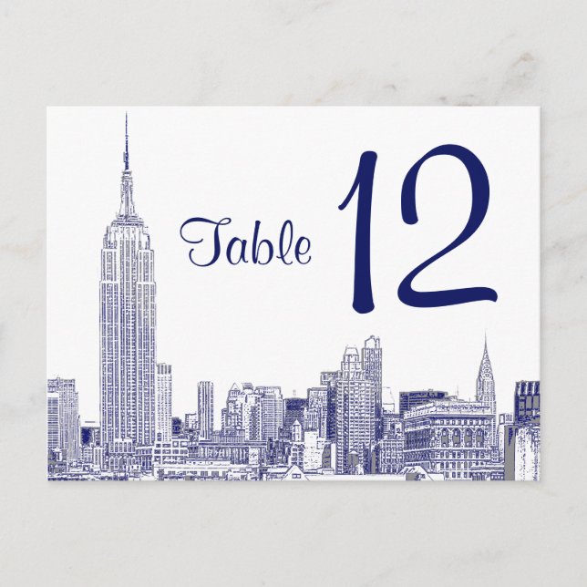 NYC Skyline Etched 01 Table Number Blue Postcard (Front)