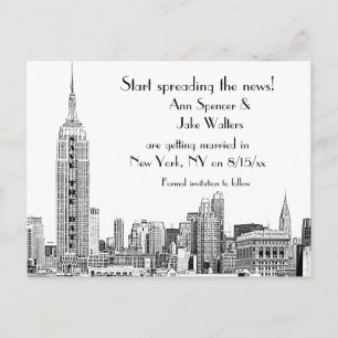 NYC Skyline Etched 01B Save the Date Announcement Postcard