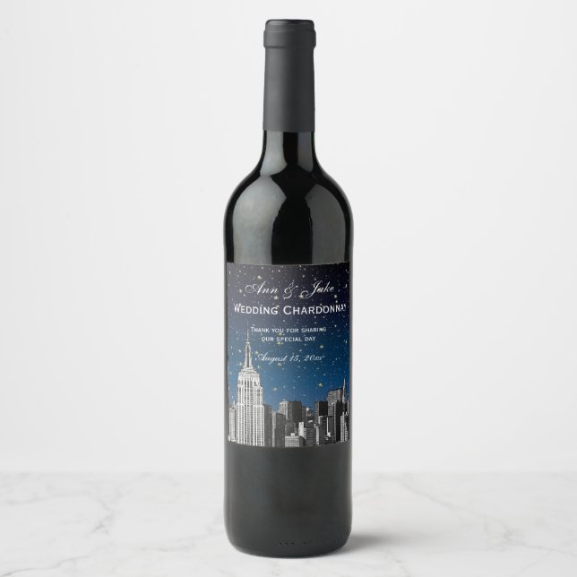 NYC Skyline Etched #2 Starry Blue Gradient BG Wine Label (Front)