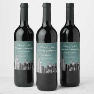 NYC Skyline Etched #2 Starry Turq Aqua Gradient BG Wine Label