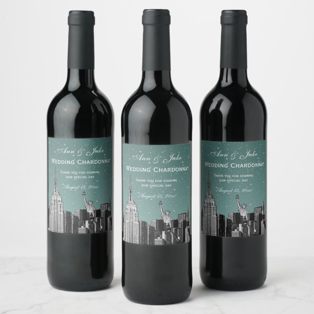 NYC Skyline Etched #2 Starry Turq Aqua Gradient BG Wine Label (Bottles)