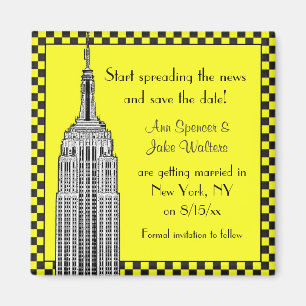 NYC Skyline Etched ESB Checkerd Taxi Save the Date Magnet