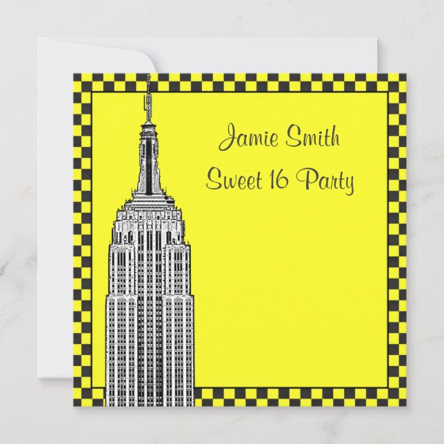 NYC Skyline Etched ESB Chequered Taxi 2 Sweet 16 Invitation (Front)