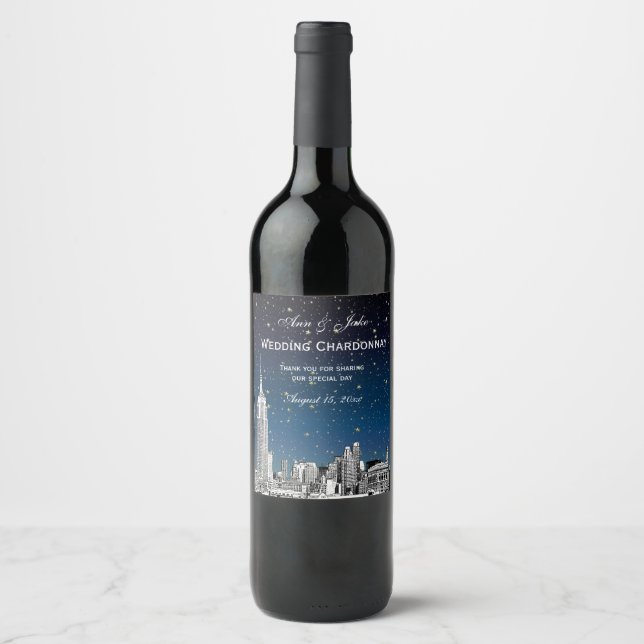 NYC Skyline Etched Starry Blue Gradient BG Wine Label (Front)