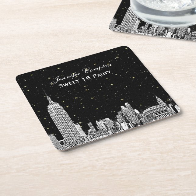 NYC Skyline Etched Starry DIY BG Colour SQ Coaster (Angled)