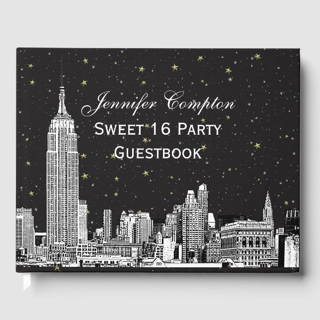 NYC Skyline Etched Starry DIY BG Colour SQ Sweet 1 Guest Book (Front)