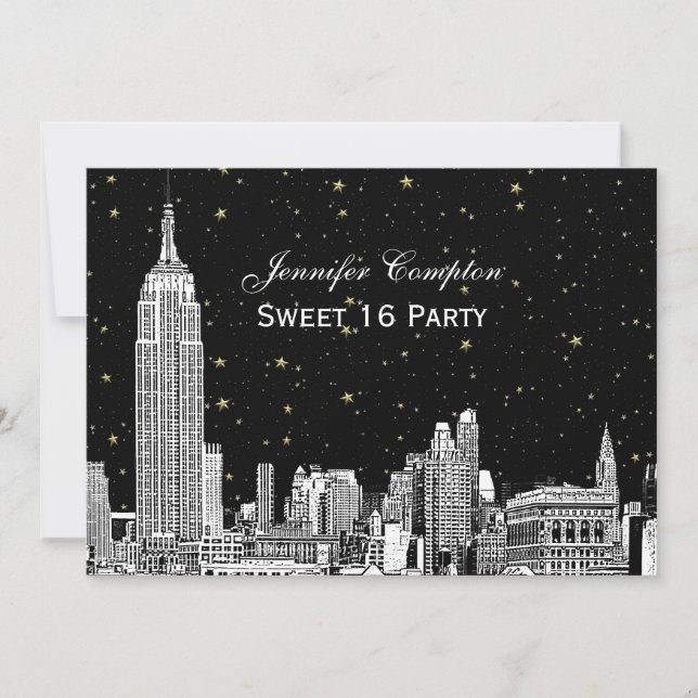 NYC Skyline Etched Starry DIY BG Colour Sweet 16 Invitation (Front)