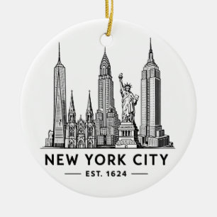 NYC Skyline Illustration with Statue of Liberty Ceramic Tree Decoration