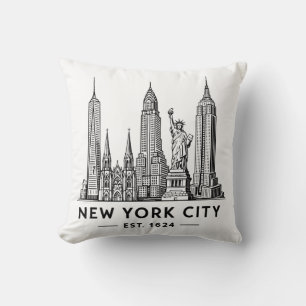 NYC Skyline Illustration with Statue of Liberty Cushion