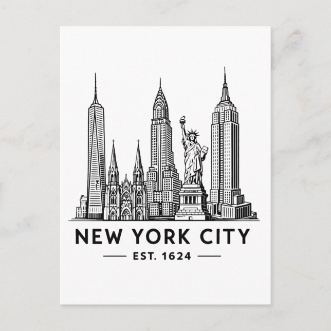 NYC Skyline Illustration with Statue of Liberty Postcard (Front)