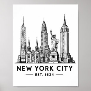 NYC Skyline Illustration with Statue of Liberty Poster