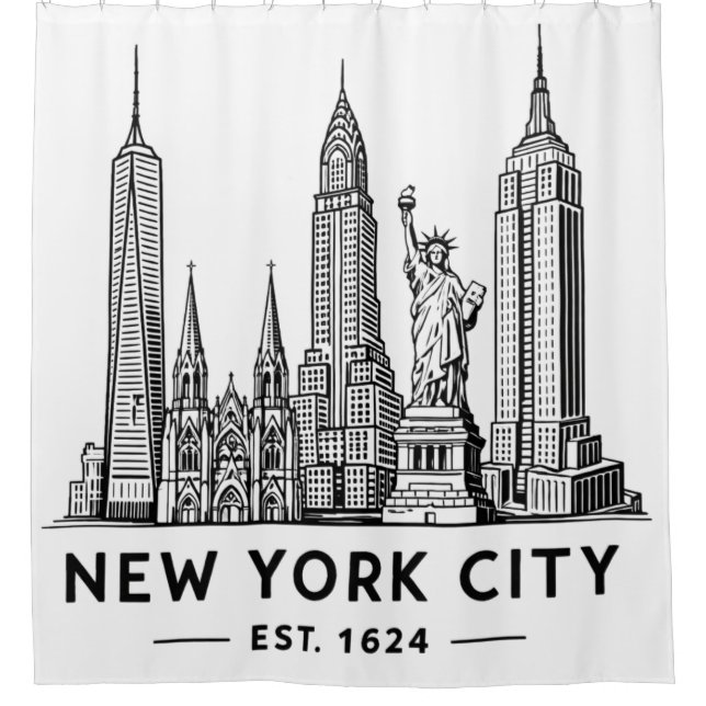 NYC Skyline Illustration with Statue of Liberty Shower Curtain (Front)