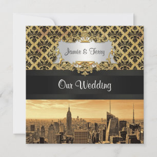 NYC Skyline Sepia B5 Blk Rib Damask Wedding Invite