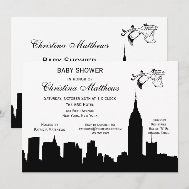 NYC Skyline Silhouette Baby Shower Stork Invitation (Front/Back)