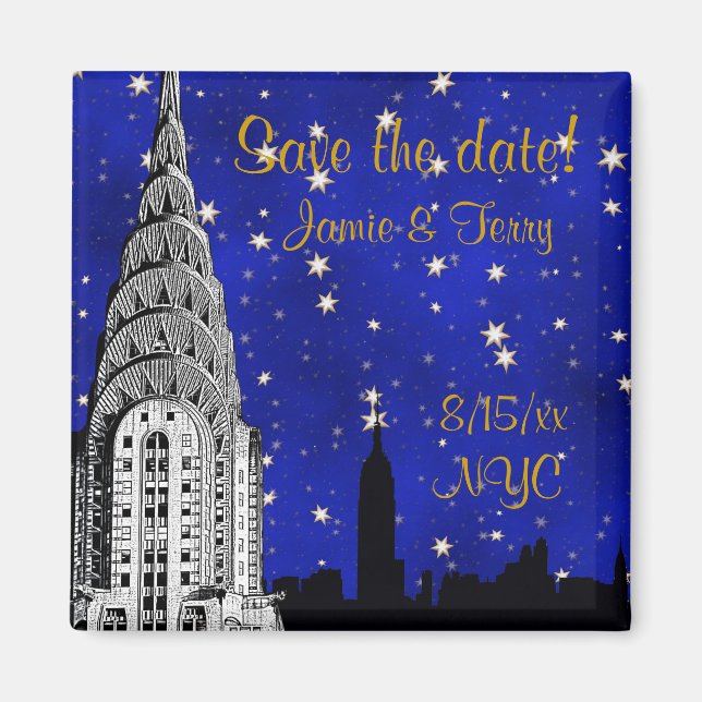 NYC Skyline Silhouette Blue Star Save Date Magnet (Front)