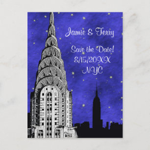 NYC Skyline Silhouette Blue Starry Save the Date 2 Announcement Postcard