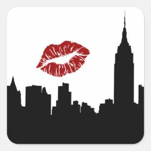NYC Skyline Silhouette, ESB #1 Red Lipstick Kiss Square Sticker
