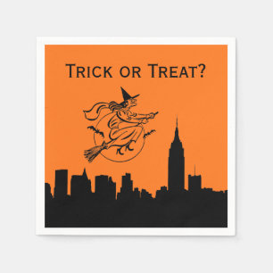 NYC Skyline Silhouette Halloween Flying Witch Napkin