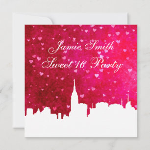NYC Skyline Silhouette Ht Pink Red Heart Sweet 16 Invitation