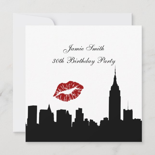 NYC Skyline Silhouette, Kiss ESB #1 BW Birthday SQ Invitation (Front)