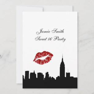 NYC Skyline Silhouette, Kiss ESB #1 BW Sweet 16 V Invitation