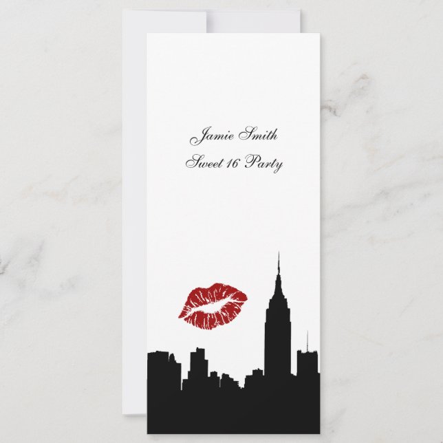 NYC Skyline Silhouette, Kiss ESB #1 BW Sweet 16 VV Invitation (Front)