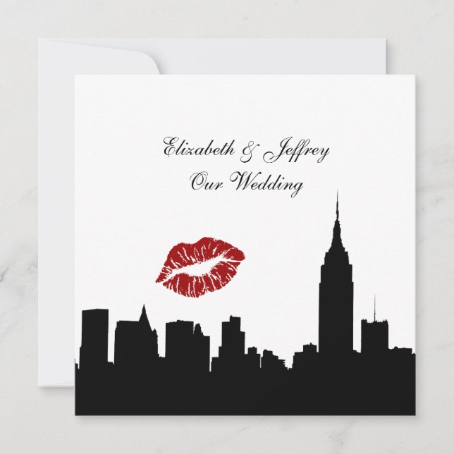 NYC Skyline Silhouette, Kiss ESB #1 BW Wedding SQ Invitation (Front)