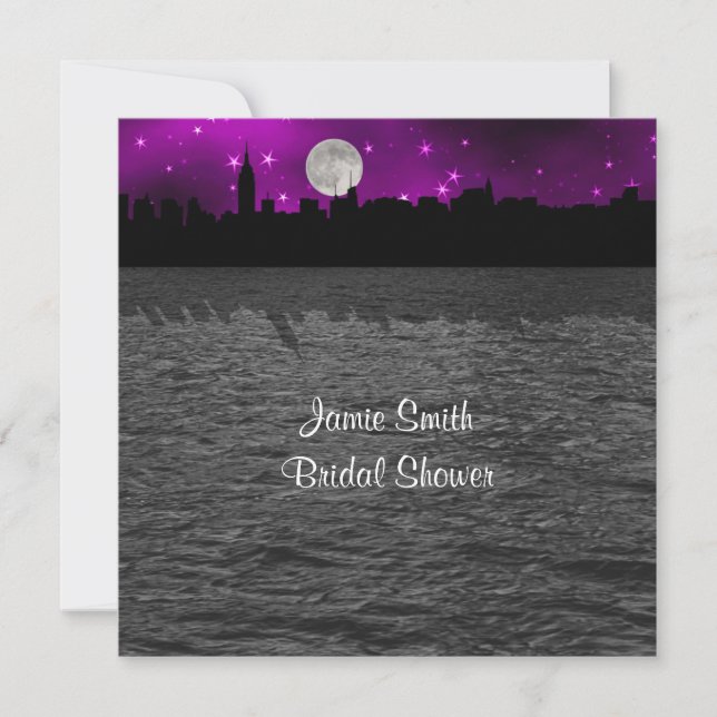 NYC Skyline Silhouette Moon Purpl Bridal Shower SQ Invitation (Front)