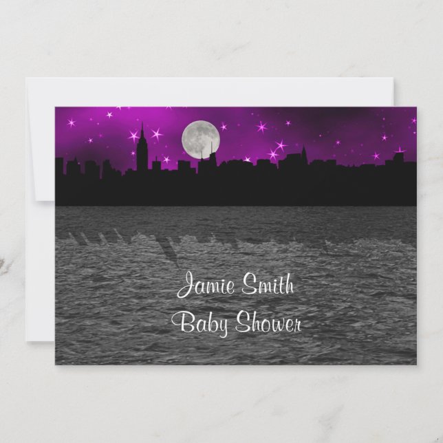 NYC Skyline Silhouette Moon Purple Baby Shower Invitation (Front)