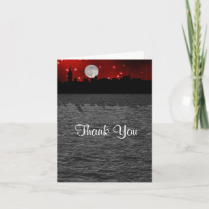 NYC Skyline Silhouette Moon Red Thank You Card